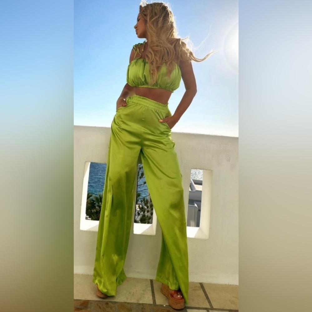 Lime Green Women's Lime Green Satin Set Pants and Top size S/M